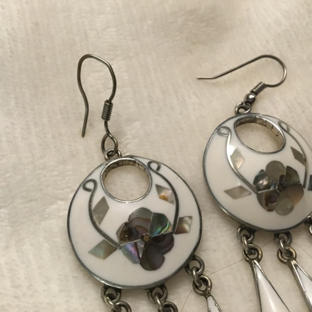 Vintage Alpaca Enamel and Abalone Shell Earrings - Picture 5 of 5